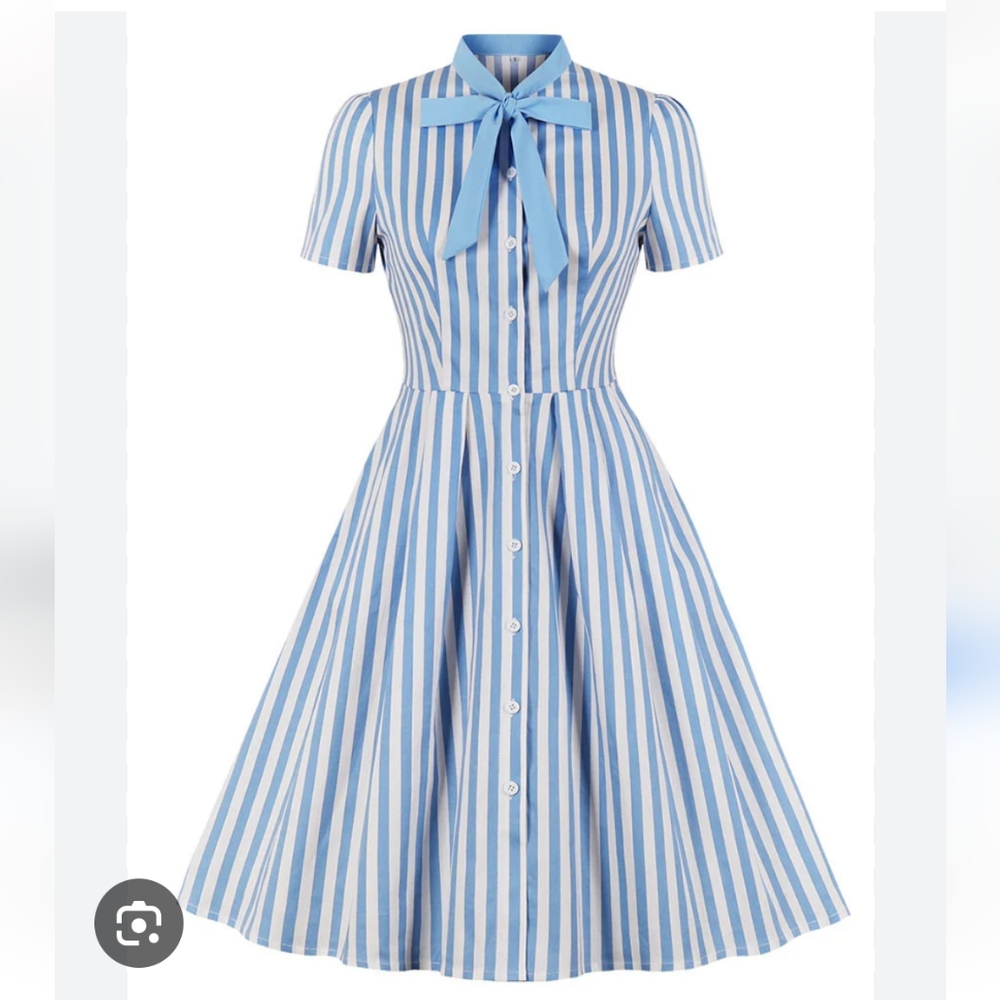 Jolly Vintage Blue Striped Dress with Bow